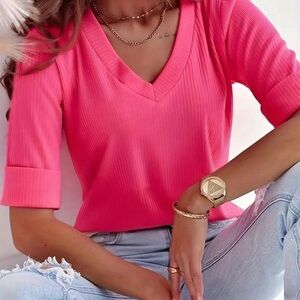 Pink Ribbed 3/4 Sleeve Relaxed Tee